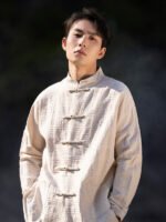 Vintage Chinese Style Mens Linen Shirts Long Sleeve with Copper Buckle - Image 2
