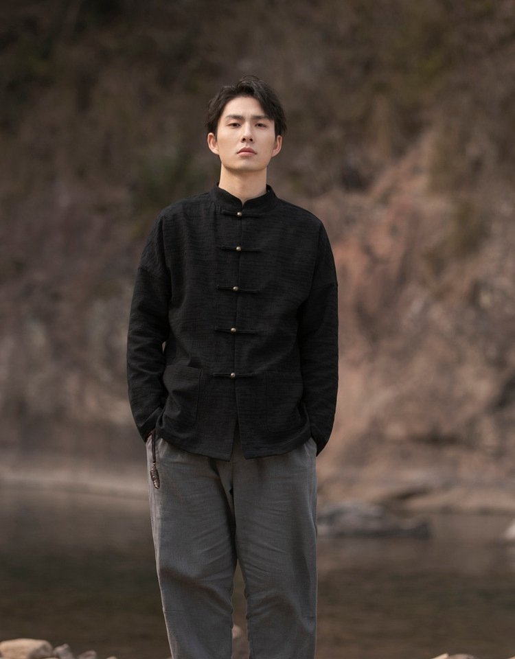 Chinese Style Mens Linen Shirts Long Sleeve