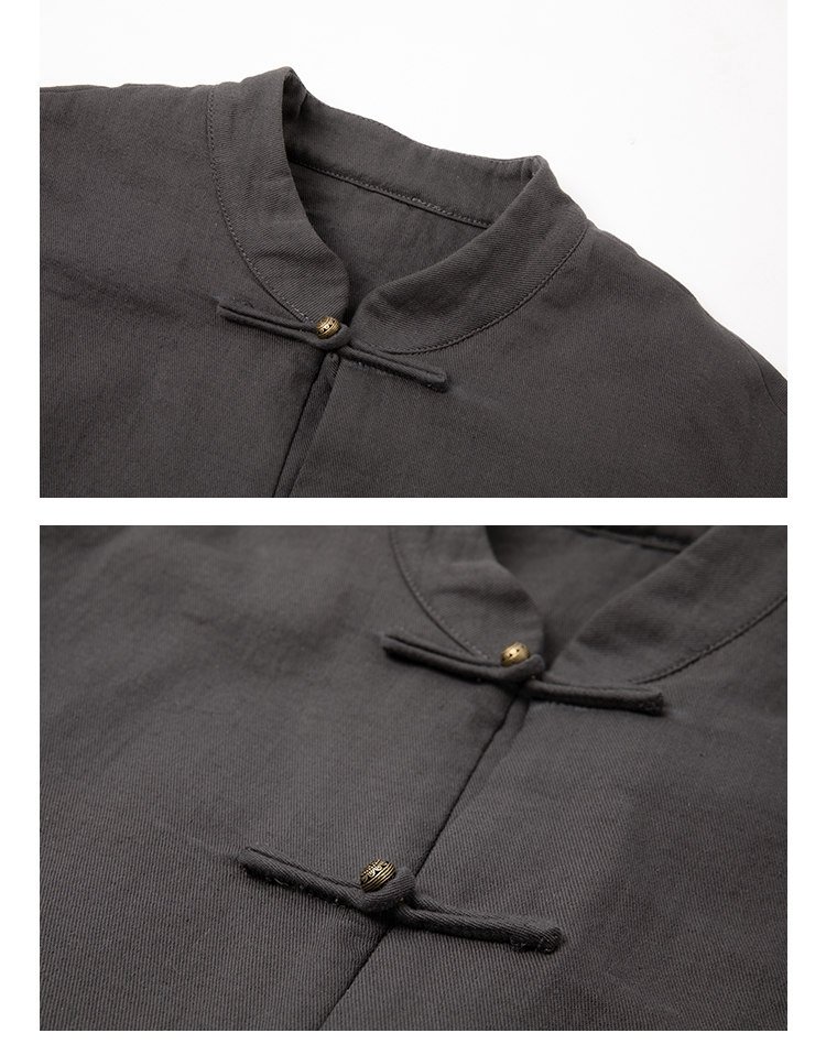 Close-up detail showing the frog button closure and mandarin collar of a gray Chinese Tang jacket.