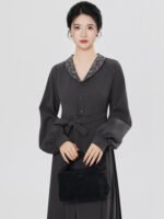 Chinese Aesthetic Dress Women – Minimal Elegant Midi Dress with Belt - Image 3