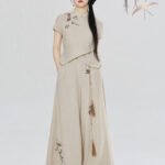 Modern Hanfu Pants Set Women – Embroidered Linen Feel Top & Wide Leg Trousers