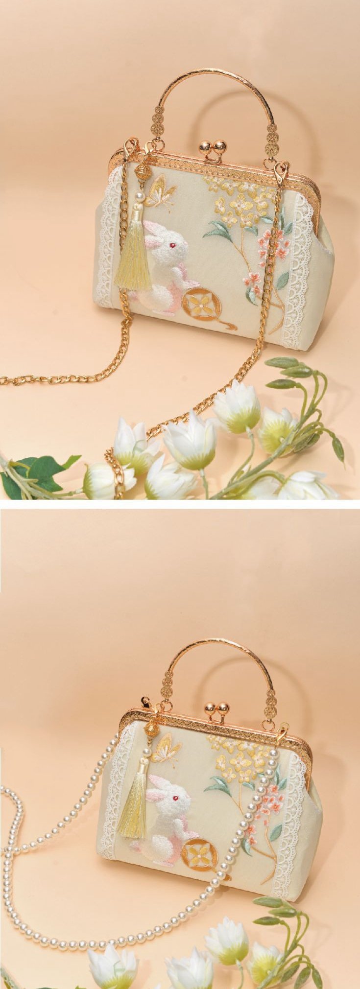 Moon Rabbit Embroidery Handbags