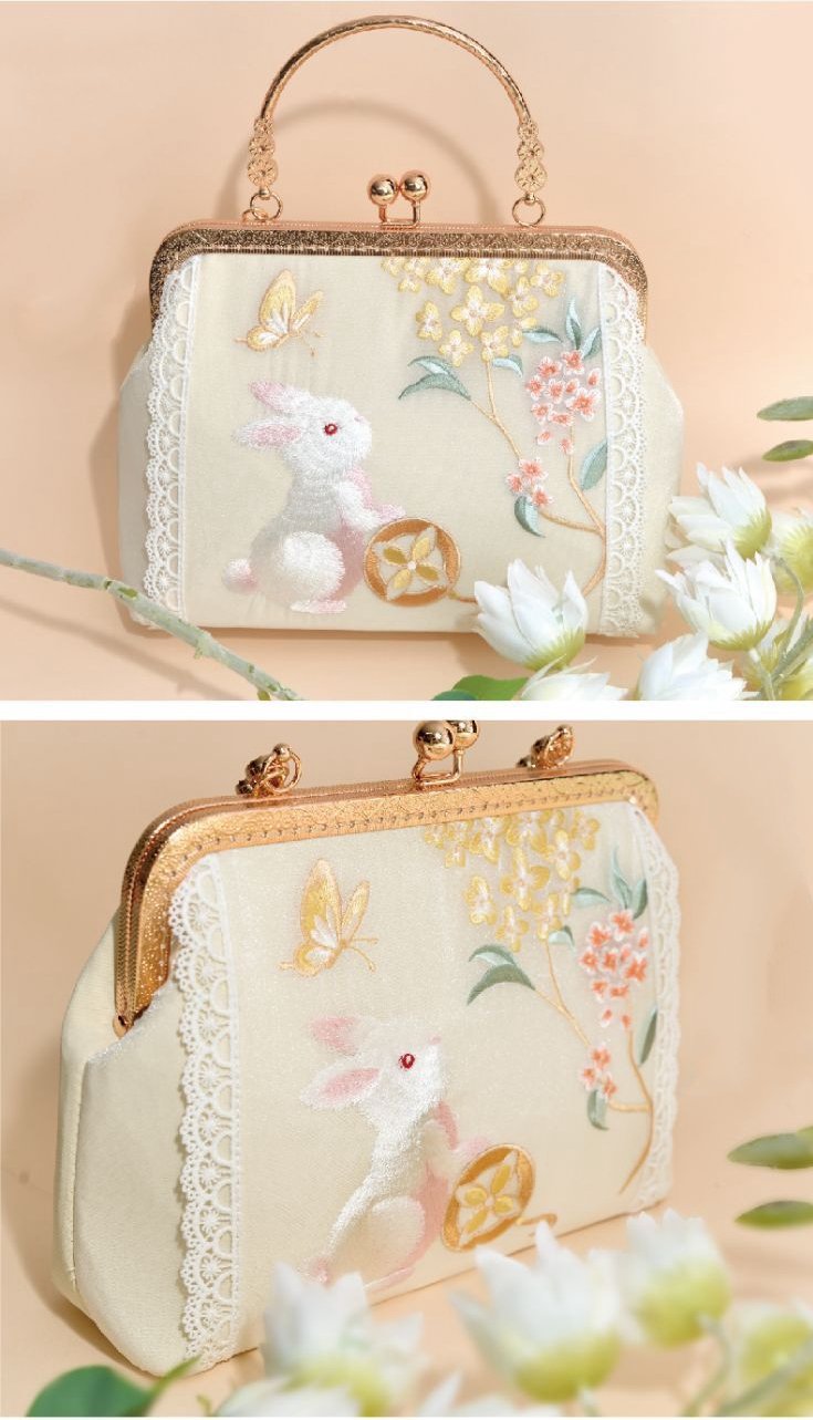 Moon Rabbit Embroidery Handbags