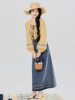 New Chinese Style Outfit Women – Embroidered Top & Denim Skirt - Image 4