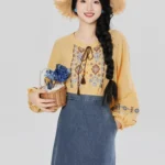 New Chinese Style Outfit Women – Embroidered Top & Denim Skirt