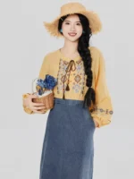 New Chinese Style Outfit Women – Embroidered Top & Denim Skirt