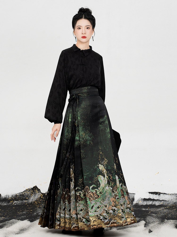 Model wearing dark goddess-themed Ma Mian skirt featuring ocean waves and Nüwa imagery