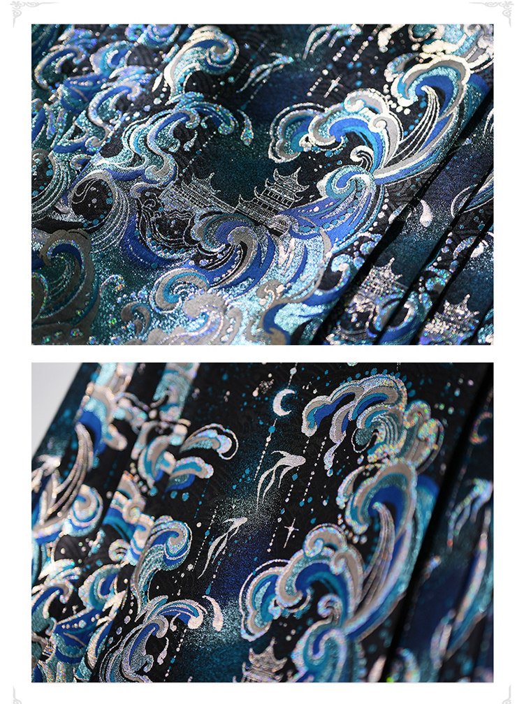 Macro shot of ocean-wave brocade with metallic threads and swirling sea pattern.