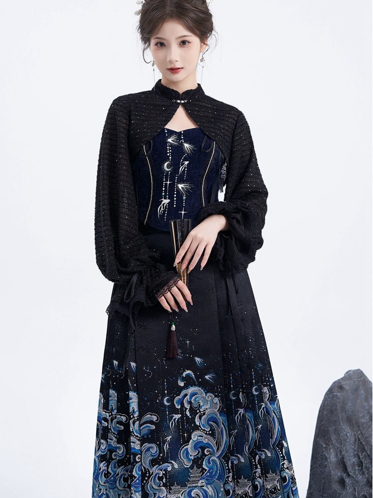 Front close-up of the sea-wave brocade ma mian skirt with corset-style top and black jacket.