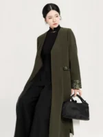 Olive Green Modern Hanfu Coat with Auspicious Brocade Trim - Image 2