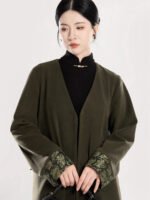 Olive Green Modern Hanfu Coat with Auspicious Brocade Trim - Image 3
