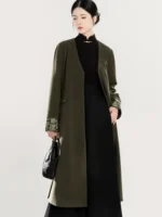 Olive Green Modern Hanfu Coat with Auspicious Brocade Trim