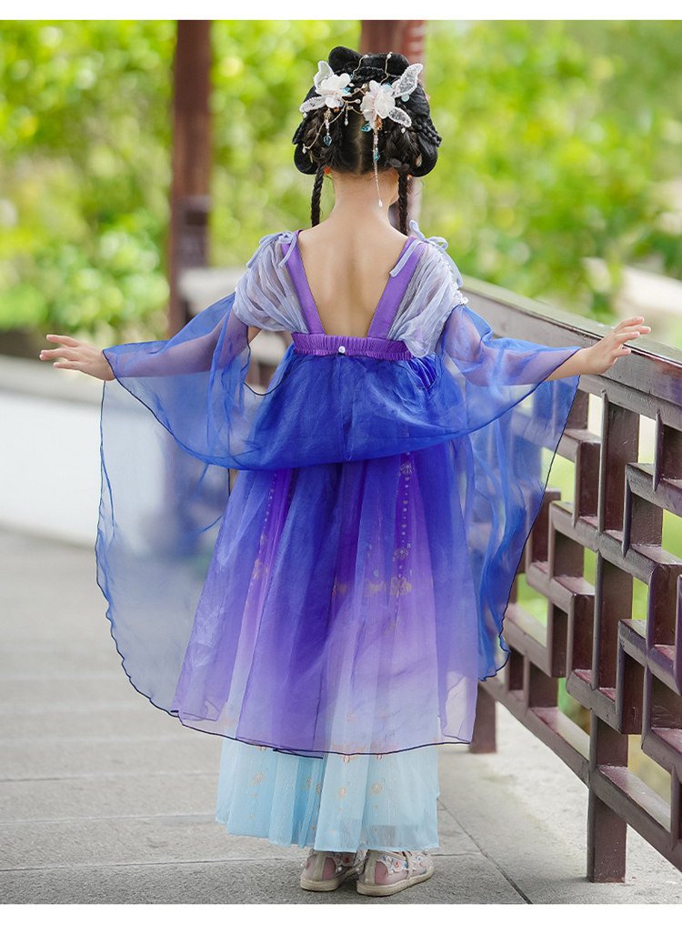 Rear view of the purple Hanfu dress showing intricate embroidery and sash
