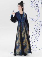 Peacock Embroidered Long Dress with Brocade Detail - Image 2