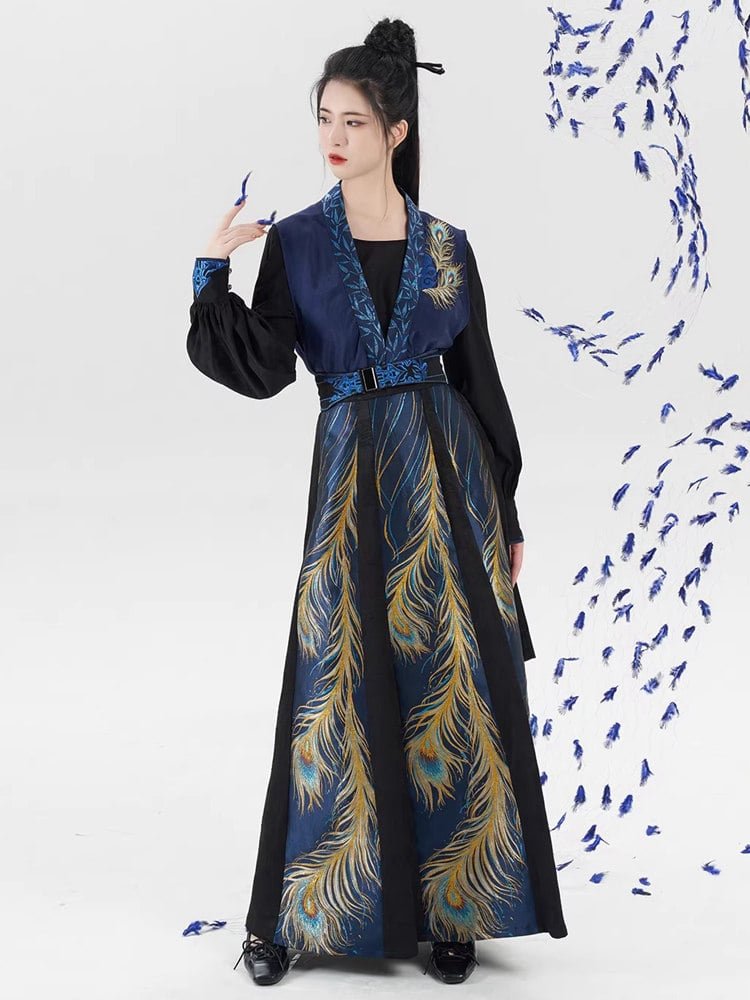 Model wearing the blue and gold peacock embroidered long dress with elegant side slit