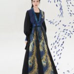Peacock Embroidered Long Dress with Brocade Detail