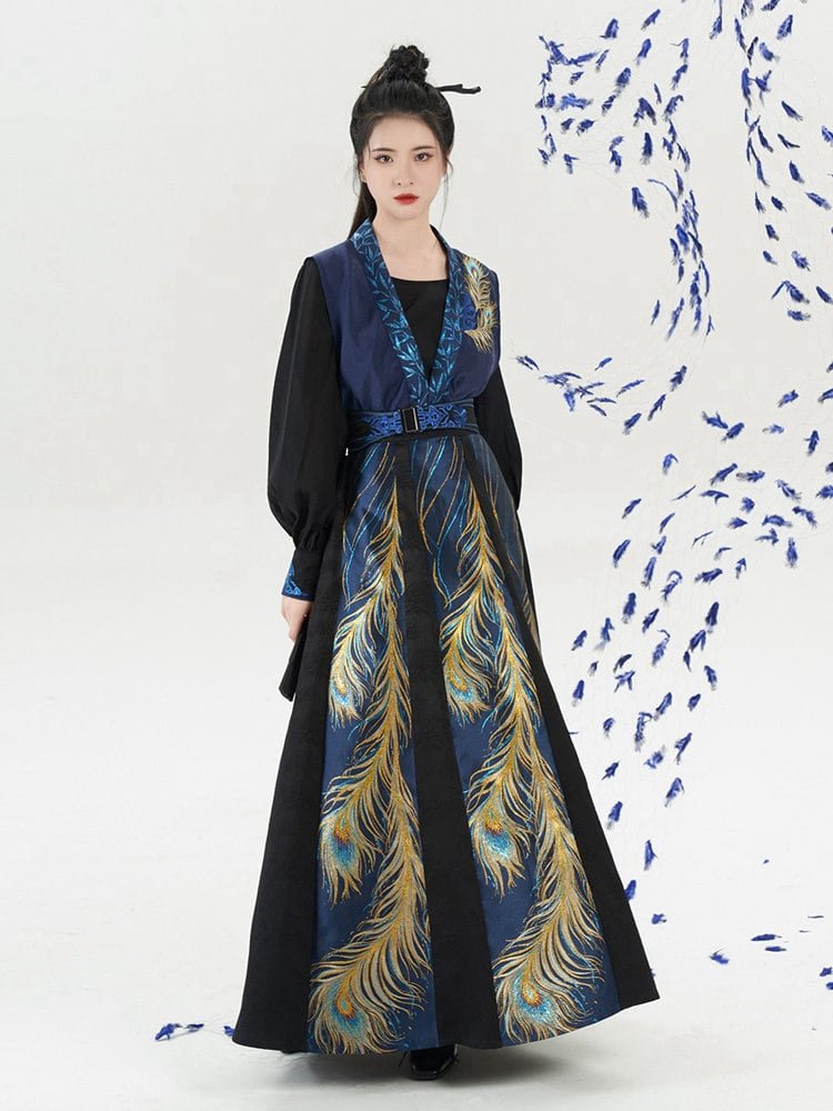 Complete look of peacock embroidered long dress with belt and inner layer