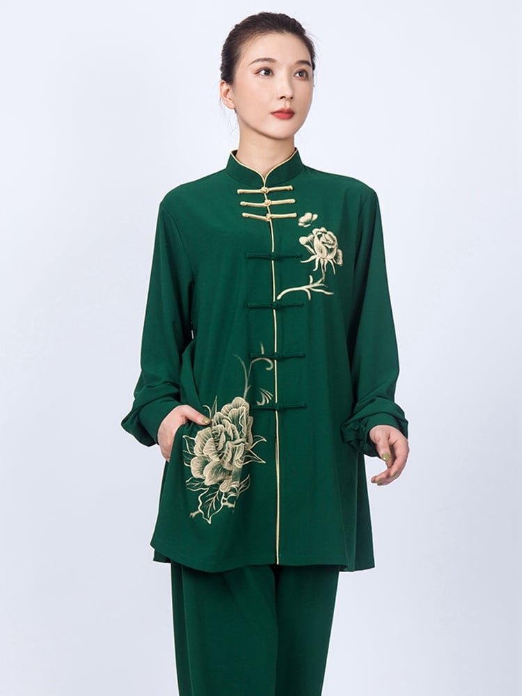 Model wearing green Tai Chi uniform with peony print