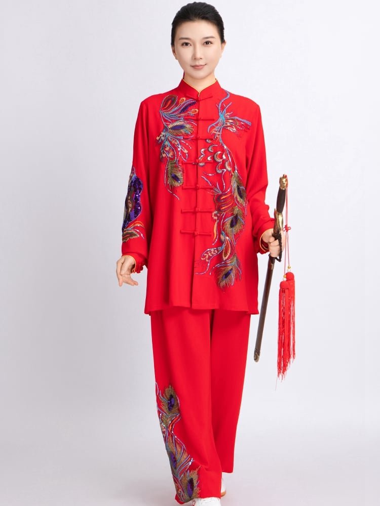 Woman practicing Tai Chi in embroidered phoenix outfit