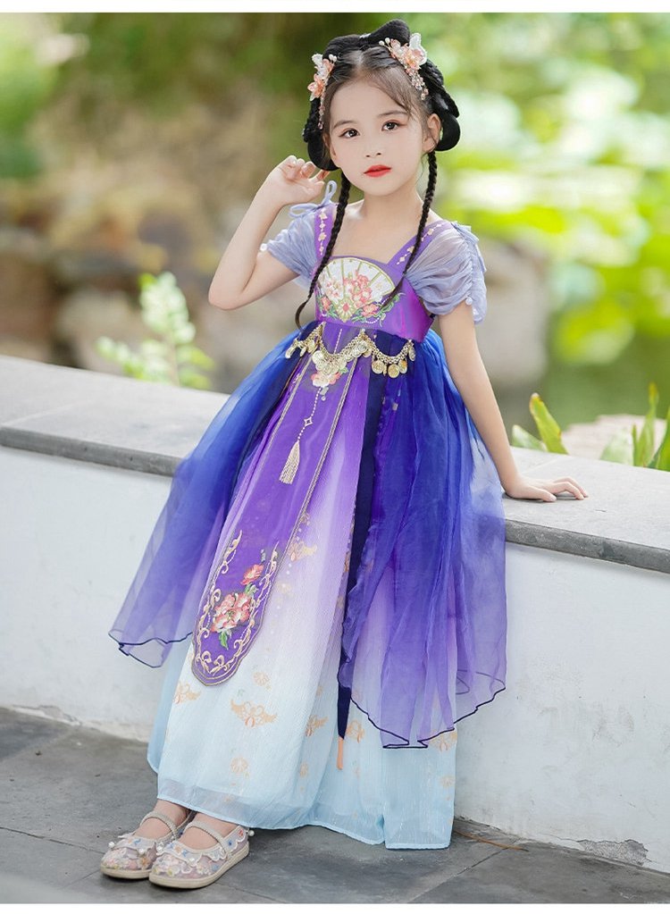 Girl turning slightly in a purple Hanfu dress with gradient skirt