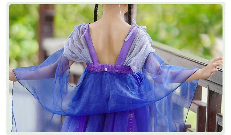 Back view of a young girl wearing a purple Chinese Hanfu dress with fan embroidery and shoulder details