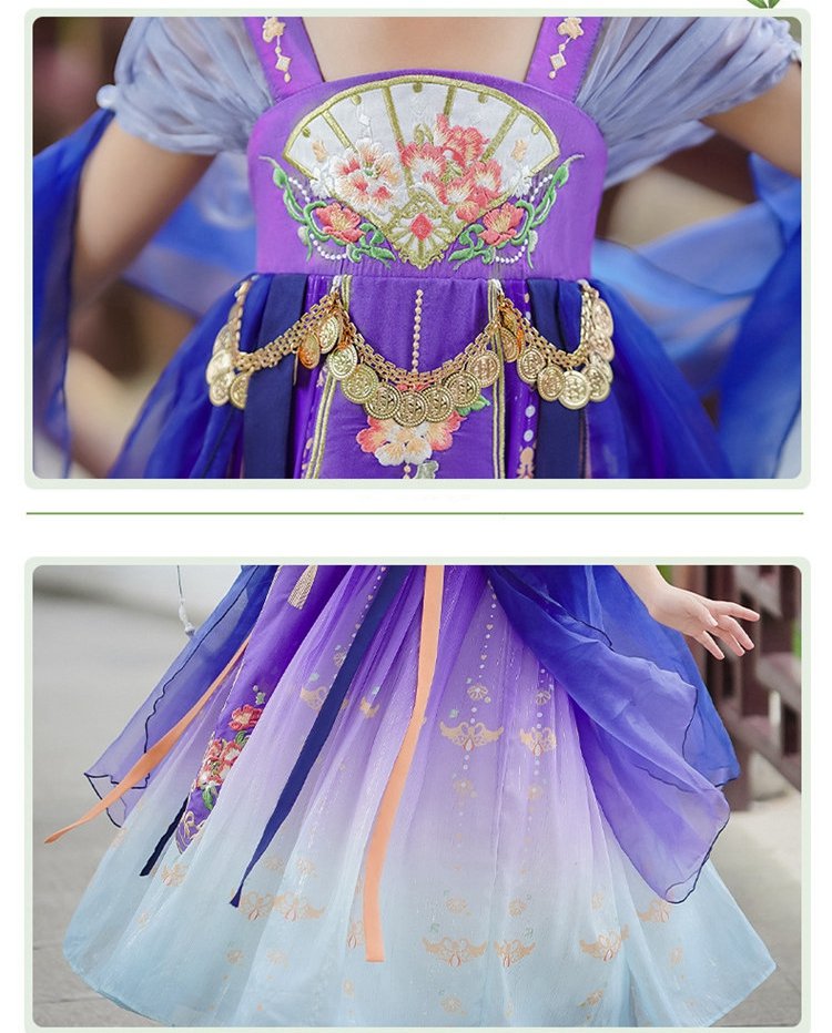 Close-up view of floral embroidery and beadwork on purple Hanfu dress for girls