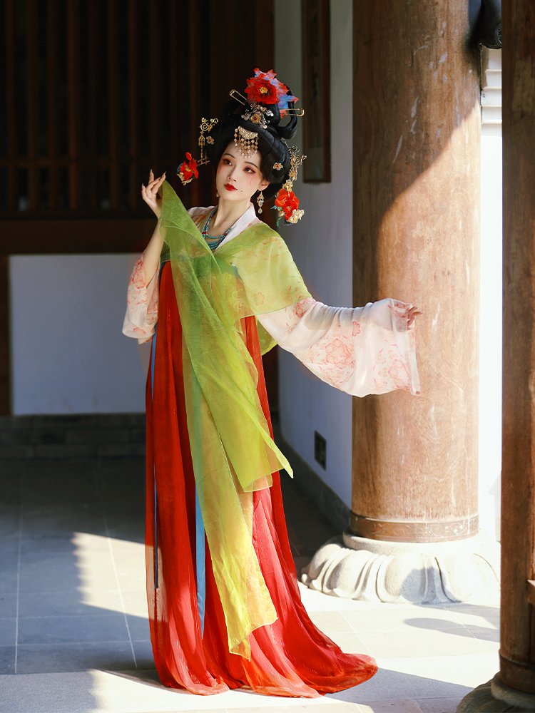 Qixiong ruqun Hanfu for women, flowing wide sleeves in motion.
