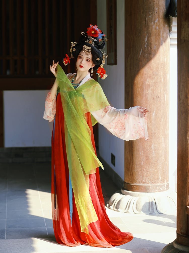 Qixiong ruqun Hanfu for women, flowing wide sleeves in motion.