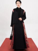 Contrast-Panel Ma Mian Skirt Black Hanfu Skirt with Red Brocade - Image 4