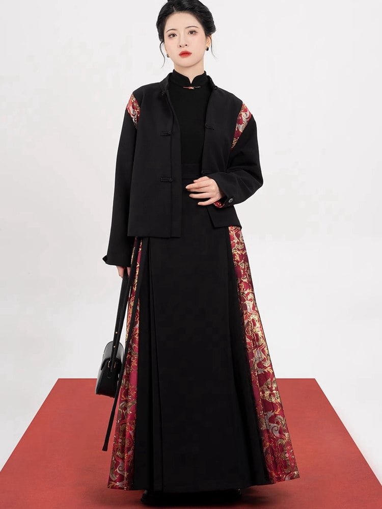 Black Hanfu Ma Mian skirt with red brocade side panels