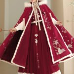 Women Winter Red Cloak With Hood Embroidery Warm Coat