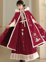 Women Winter Red Cloak With Hood Embroidery Warm Coat