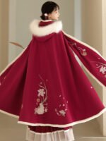 Women Winter Red Cloak With Hood Embroidery Warm Coat - Image 2