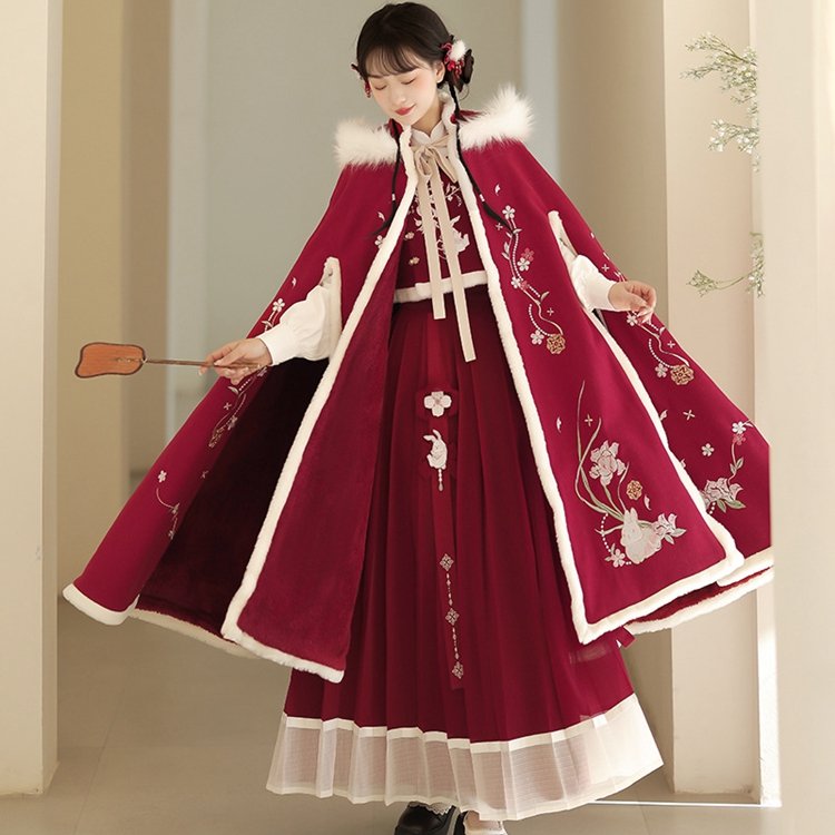Embroidery Red Cloak With Hood
