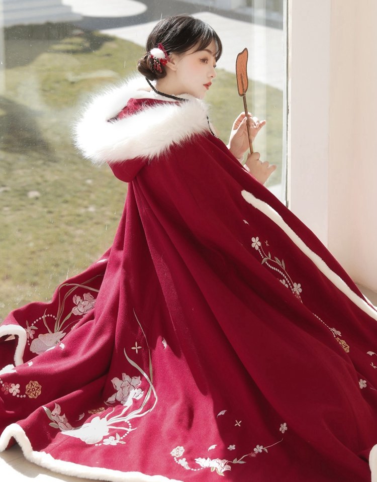 Embroidery Red Cloak With Hood