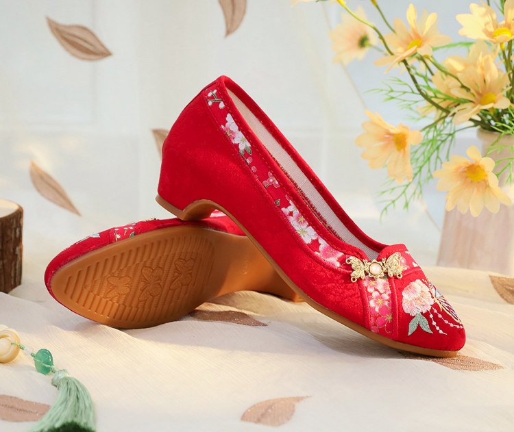 Heel embroidery detail on red Chinese flats