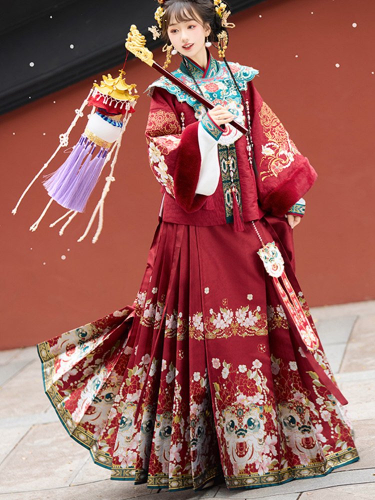 Model showing side profile of red brocade Hanfu dress