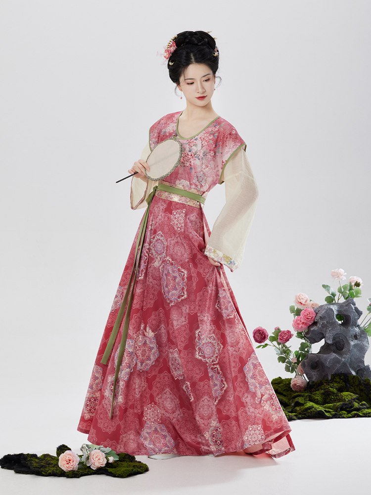 Tang-style Hanfu dress in red floral pattern viewed from side angle