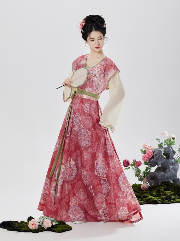 Tang-style Hanfu dress in red floral pattern viewed from side angle