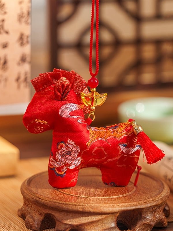 red lucky horse brocade chinese sachet bag