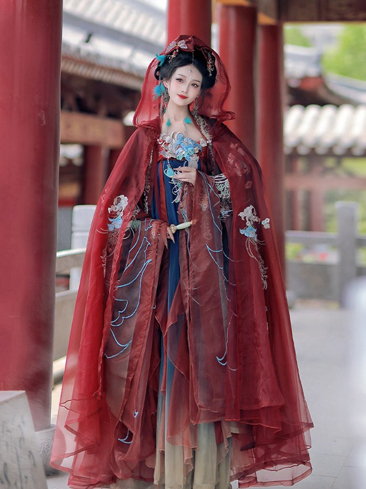 Red embroidered Hanfu dress with phoenix details