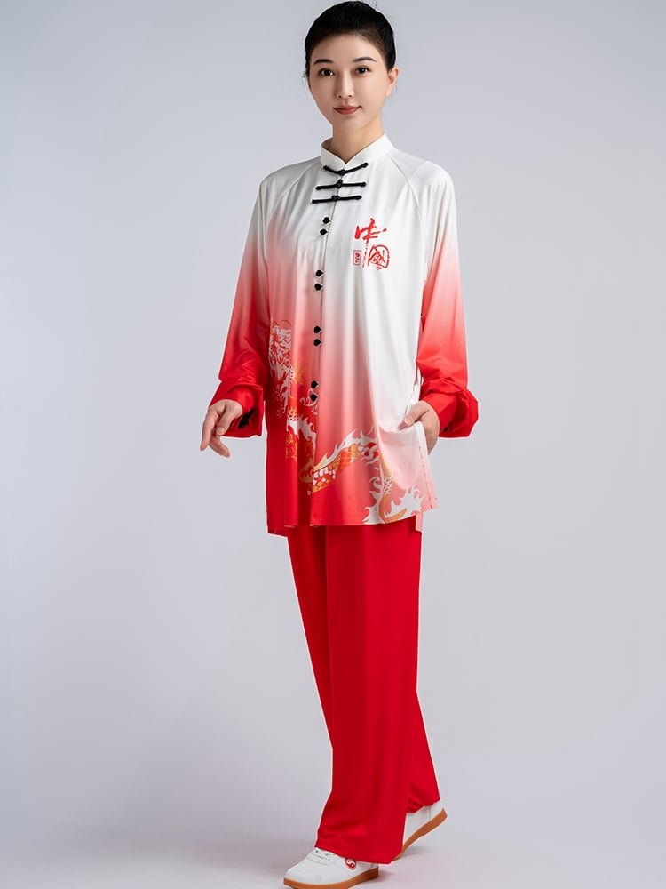 Model showing both front and back of gradient Tai Chi outfit