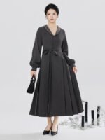 Chinese Aesthetic Dress Women – Minimal Elegant Midi Dress with Belt - Image 6
