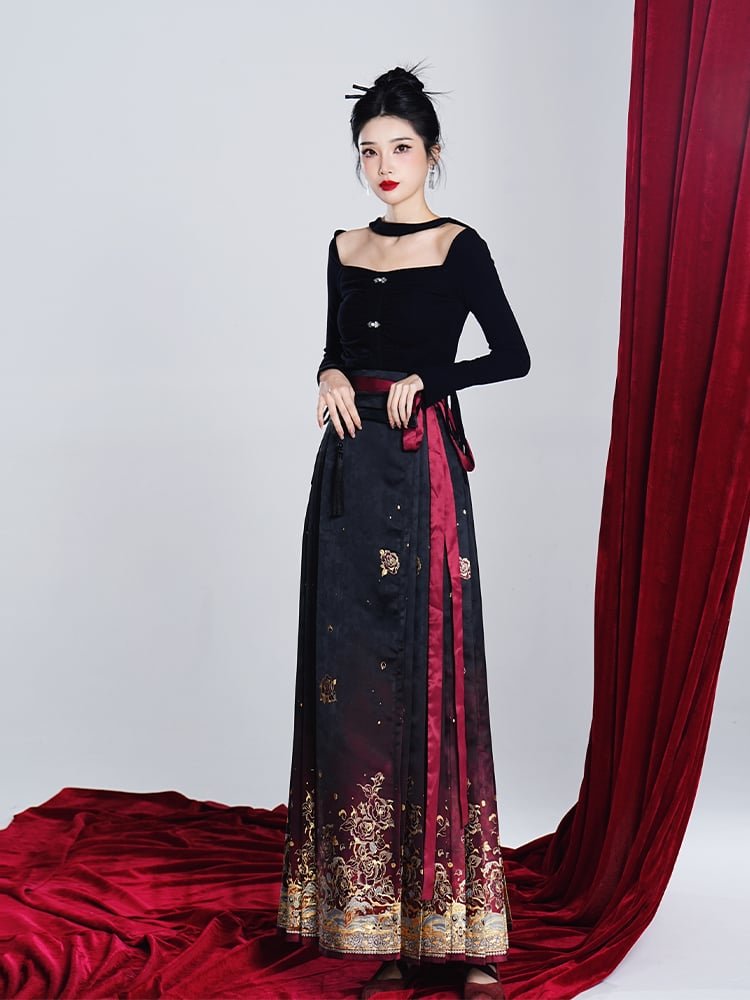 Side angle showing the rose-gold gradient and brocade waistband ties