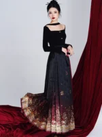 Rose-Gold Ombré Ma Mian Skirt Gradient Gold Floral Hanfu