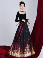 Rose-Gold Ombré Ma Mian Skirt Gradient Gold Floral Hanfu - Image 2