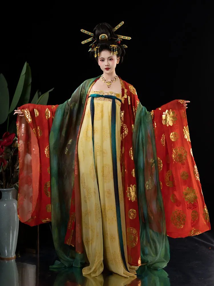 Tang style Hanfu dress for women in red, gold, and green tones