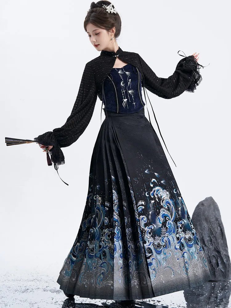 Model in Hanfu ocean-wave ma mian skirt walking sideways, showing skirt movement and blue wave embroidery.