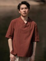 V-neck Short Sleeve Linen Shirt Chinese Style Tang Suit