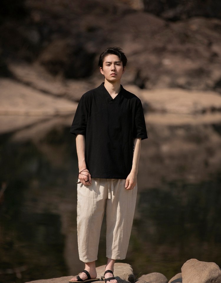 V-neck Short Sleeve Linen Shirt